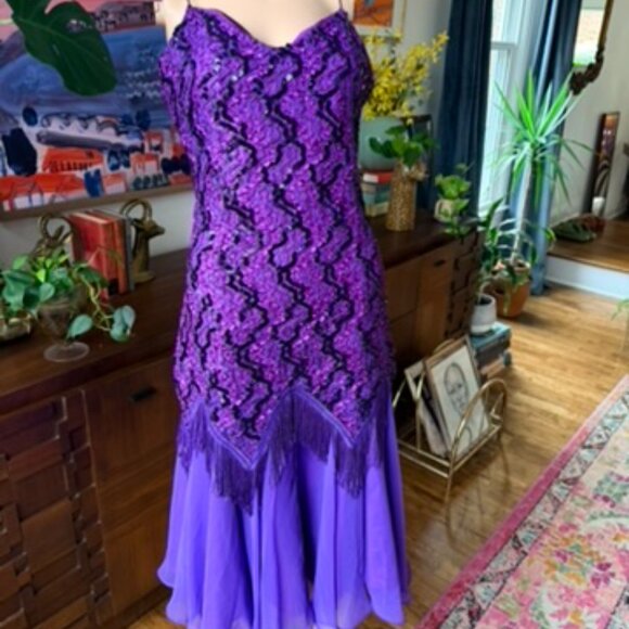 Vintage Purple Sequined Lace Cocktail Dress with Fringe - Picture 2 of 4